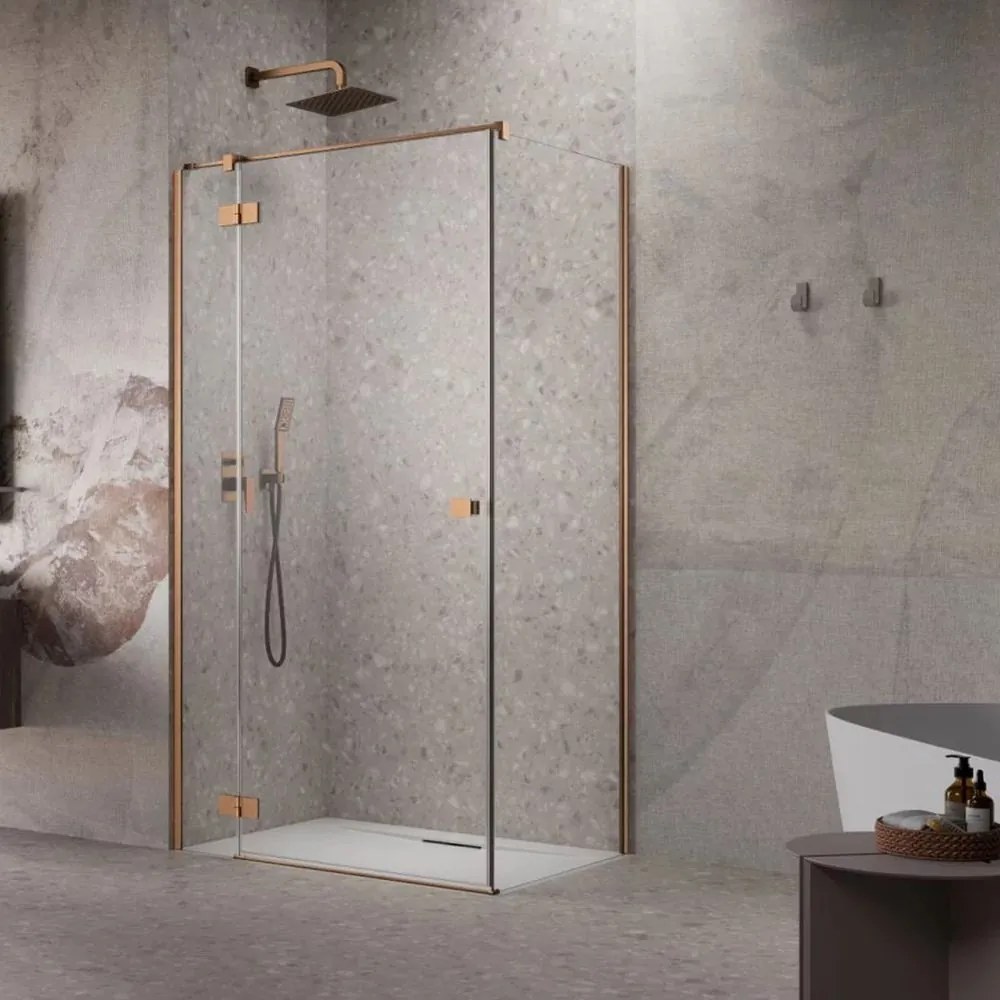 Cabina de dus dreptunghiulara cu usa batanta Radaway Essenza KDJ 100x70 cm finisaj cupru periat-transparent stanga