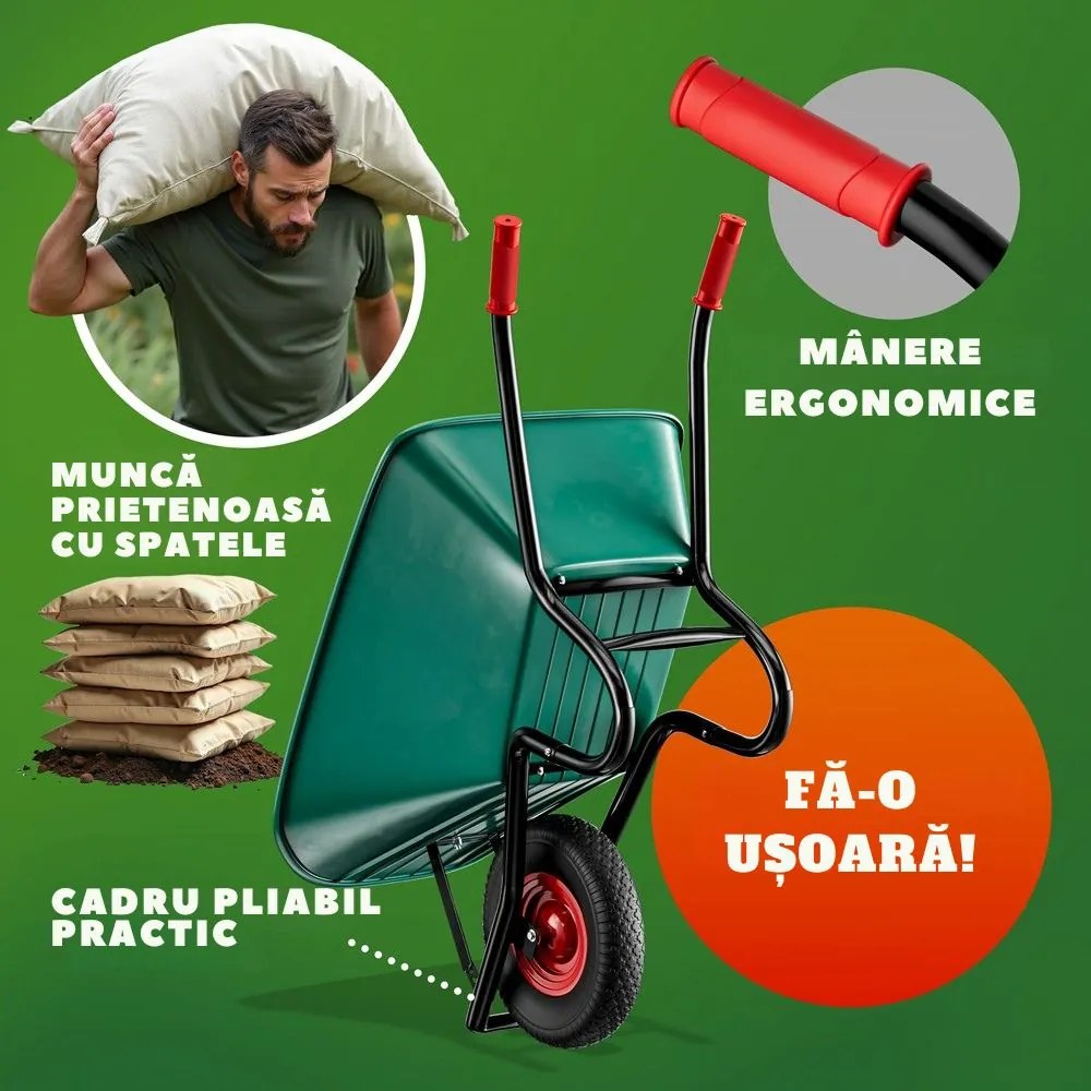 Roabă GREG cu cuvă din plastic, max. 100l/250kg, verde/negru Gardebruk