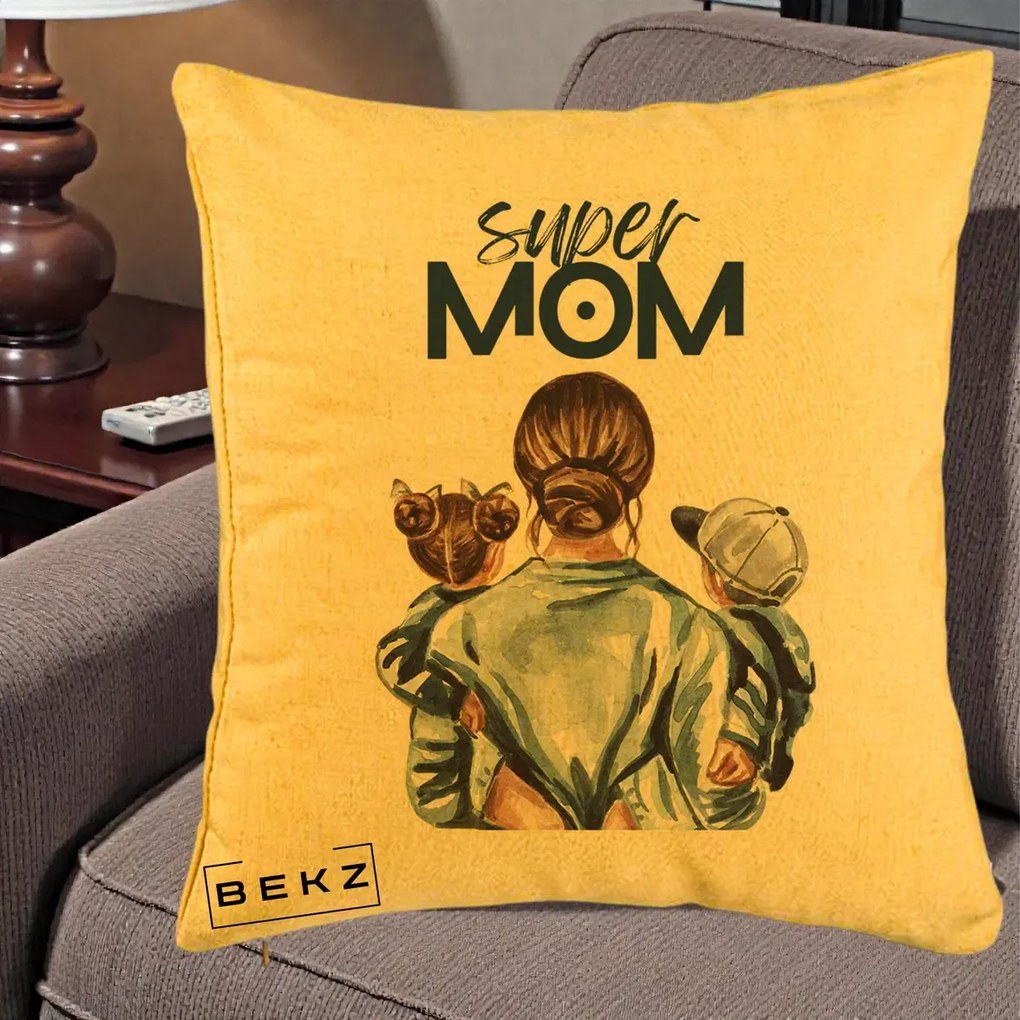 Cadou pentru Mama - Perna Personalizata Super Mom, 40x40 cm, Galben, Husa Detasabila, Perna Inclusa, BEKZ®