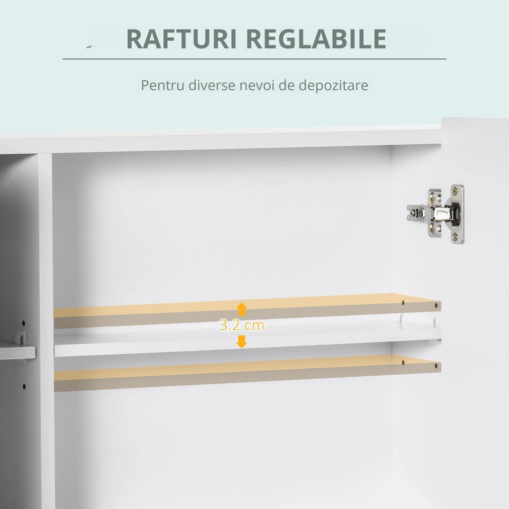 Kleankin Dulap de Baie LED cu Oglindă, 3 Uși și Rafturi Reglabile, Organizator de Depozitare Reglabil, 90x15x65 cm, Alb | Aosom Romania
