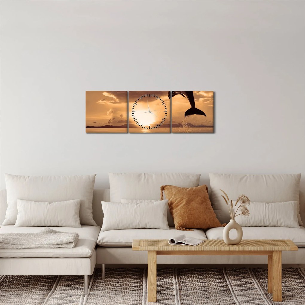 Tablou - Delfin la apus de soare (cu ceas) (90x30 cm)