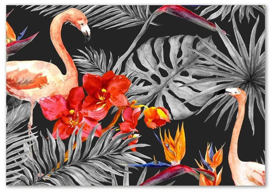Tablou sticlă Flamingos și flori