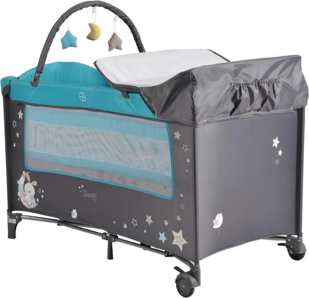 Patut pliant transformabil in tarc copii NOVOKIDS™ Sleepy NEST, 60X120 cm, 2 Niveluri, Masa infasat, Jucarie Carusel cu jucarii din plus, Fermoar