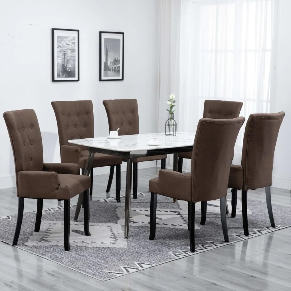 vidaXL Scaune de bucătărie cu brațe, 6 buc., maro, material textil