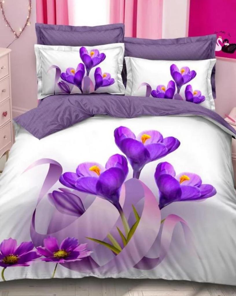 Lenjerie de pat cu 2 fete, imprimeu 3D, tesatura tip finet, pat 2 persoane, violet / alb, 6 piese, A2-20