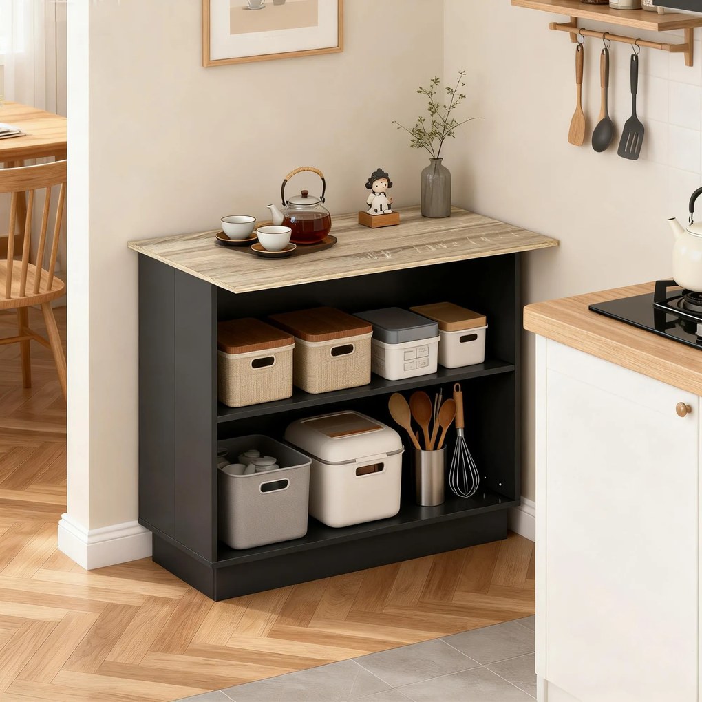 HOMCOM Insulă de Bucătărie cu Bar, Cărucior de Bucătărie cu 2 Compartimente Deschise și 2 Dulapuri, 105x60x82 cm, Negru | Aosom Romania