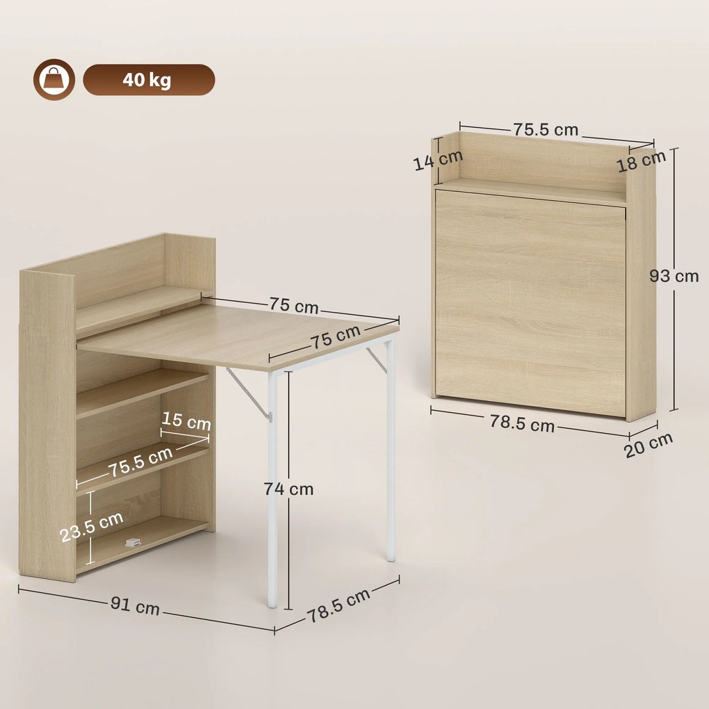 HOMCOM Masă pliabilă cu raft, design industrial, economisire de spațiu, pentru spații mici, 78,5 x 91 x 93 cm, Stejar | Aosom Romania