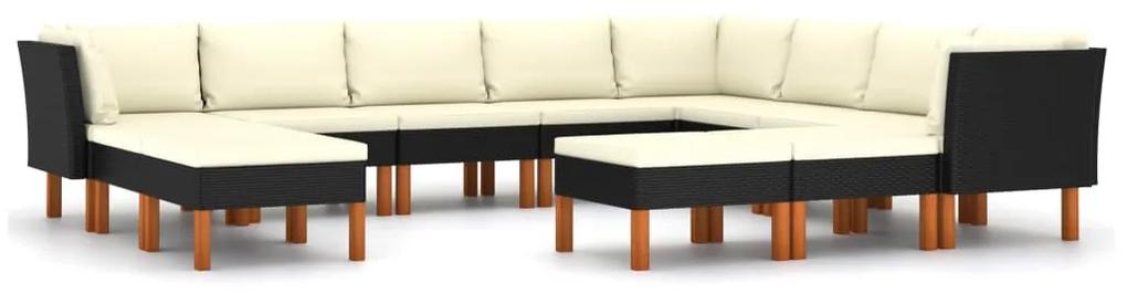 Set mobilier de gradina cu perne, 12 piese, negru, poliratan Negru, 3x colt + 5x mijloc + 4x suport pentru picioare, 12