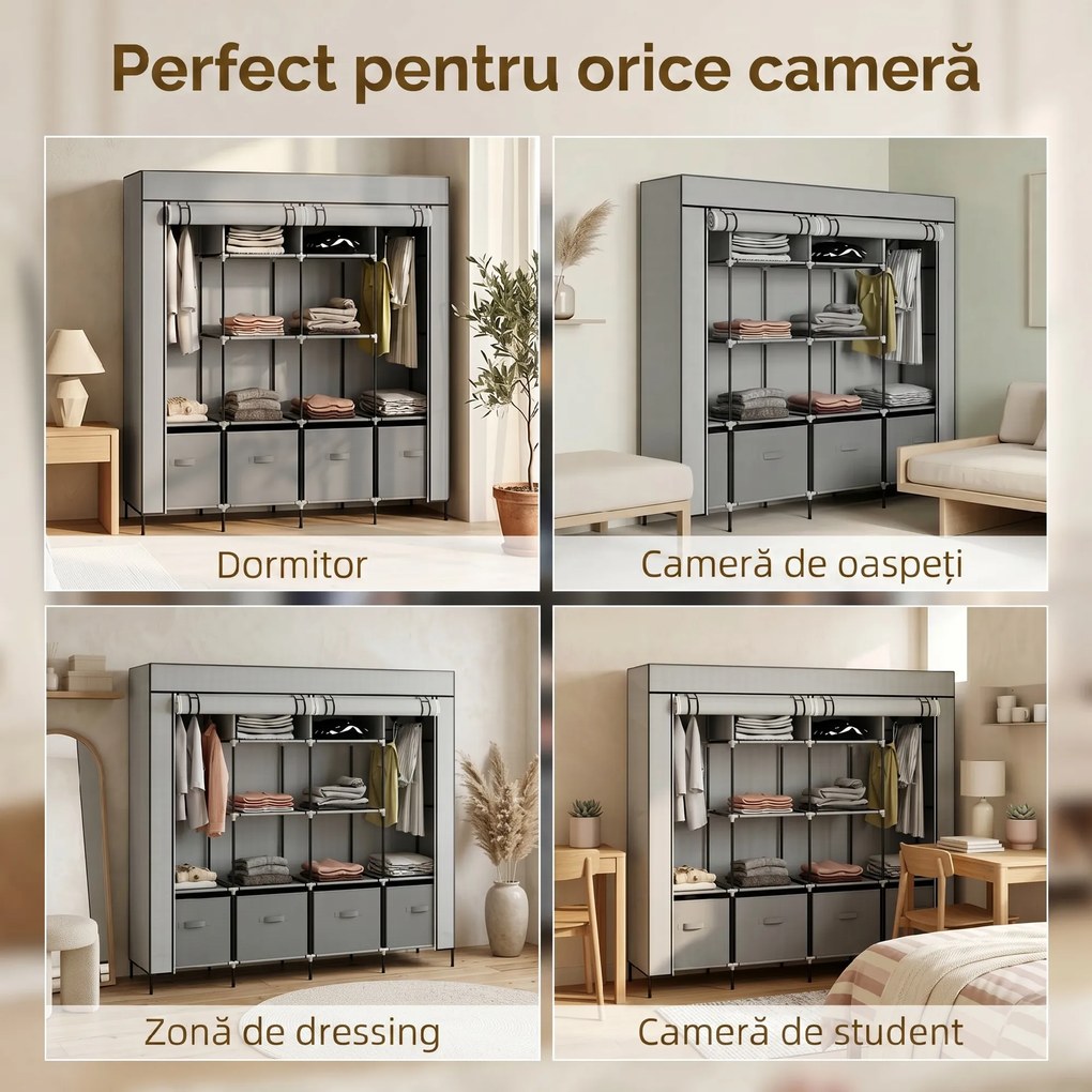 HOMCOM Dulap Portabil din Material Textil și Oțel, Garderobă cu 10 Rafturi, 4 Sertare și 2 Bare, 166x42,5x169,5 cm, Gri | Aosom Romania