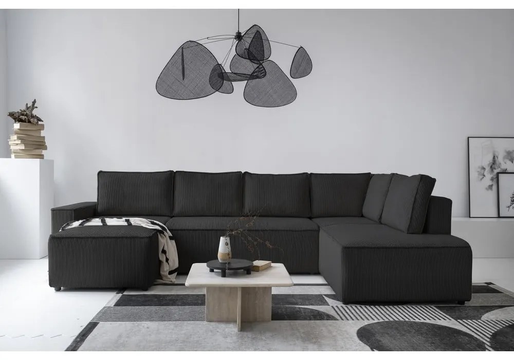 Colțar gri antracit extensibil cu tapițerie din catifea reiată (cu colț pe partea dreaptă/în formă de "U") Brave Dave – Miuform