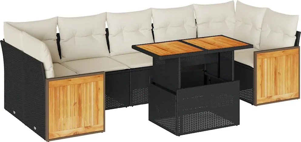 vidaXL Set mobilier grădină perne 8 piese negru, poliratan/lemn acacia