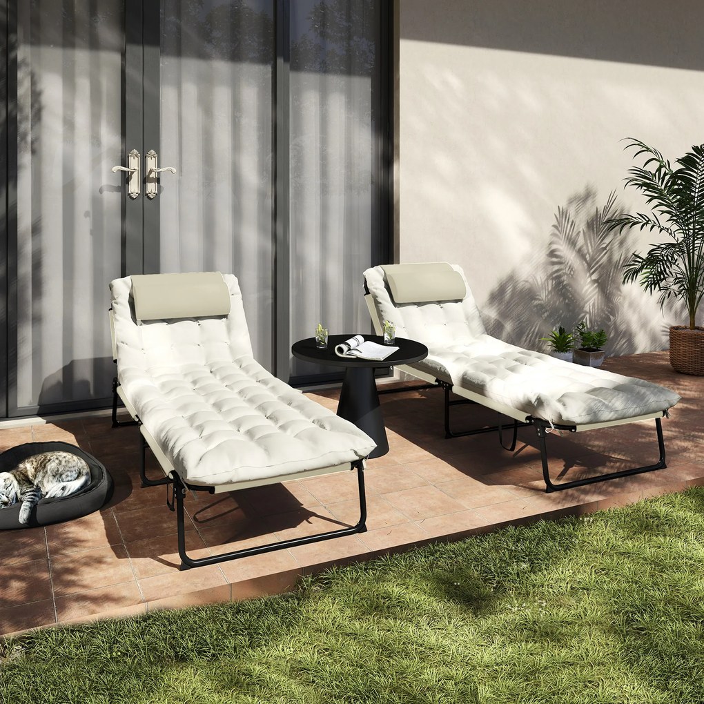 Outsunny Set de 2 șezlonguri pliabile cu spătar reglabil 4 poziții - tetieră și saltea groasă bej | Aosom Romania