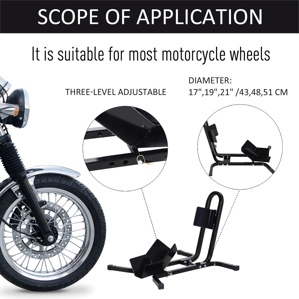 HOMCOM Suport pentru Motocicletă Reglabil pe 3 Nivele, Sistem de Blocare Roți Motocicletă în Metal cu Găuri, 60x55x43 cm, Negru