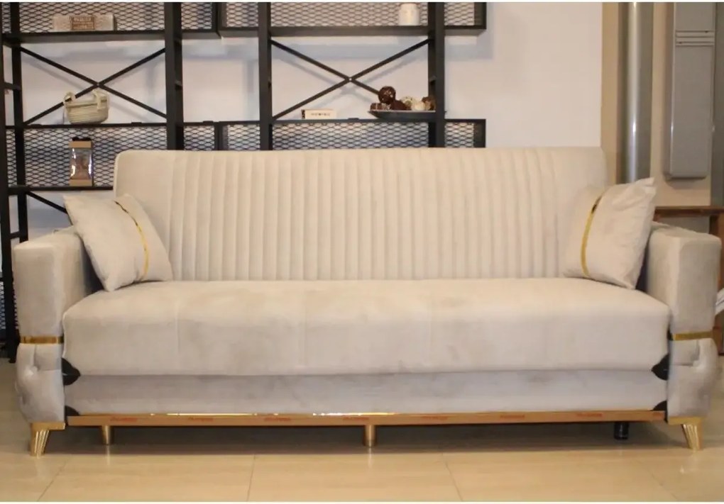 Canapea extensibila cu lada de depozitare 220x90x97 cm – stofa bej, insertii aurii – Vegas