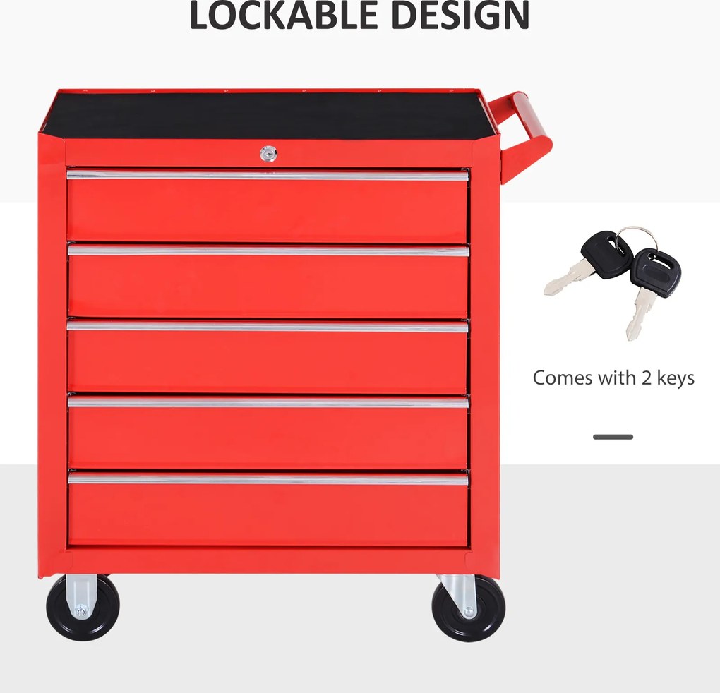 Homcom Carucior Scule pentru Atelier 5 Sertare Rezistent din Otel cu Blocare si Roti Culoarea Ros 69x33x75cm