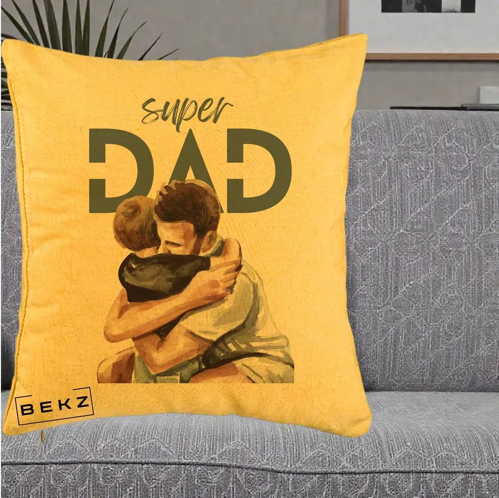 Cadou pentru Tata - Perna Personalizata Super Dad Tata si Fiu Imbratisare, 40x40 cm, Galben, Husa Detasabila, Perna Inclusa, BEKZ®