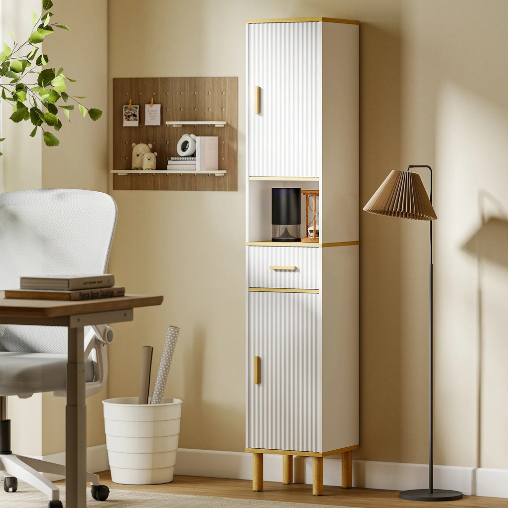 HOMCOM Coloană de baie îngustă cu rafturi reglabile, sertar, compartiment deschis 31,5x29,7x171,5 cm Alb | Aosom Romania