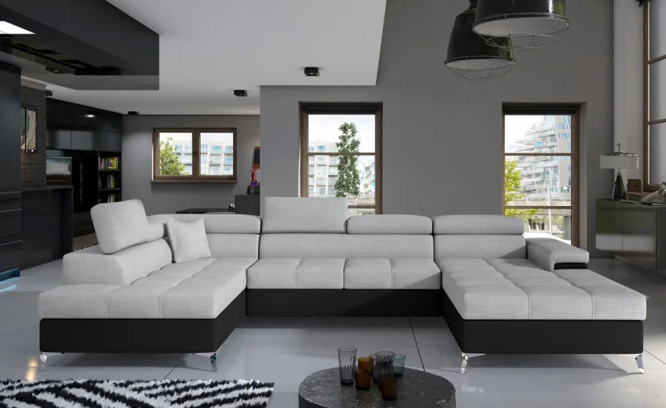 Canapea modulara, extensibila, cu spatiu pentru depozitare, 345x202x90 cm, Eduardo L03, Eltap (Culoare: Gri deschis texturat / Gri inchis piele)