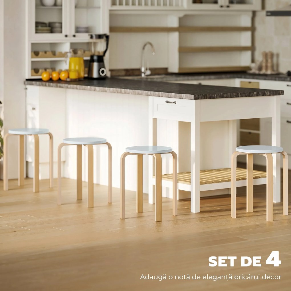 HOMCOM Set de Scaune Stivuibile pentru 4 Persoane, Scaune Moderne de Stivuire, Scaune Rotunde fără Spate, 40x40x45 cm, Lemn Natural | Aosom Romania