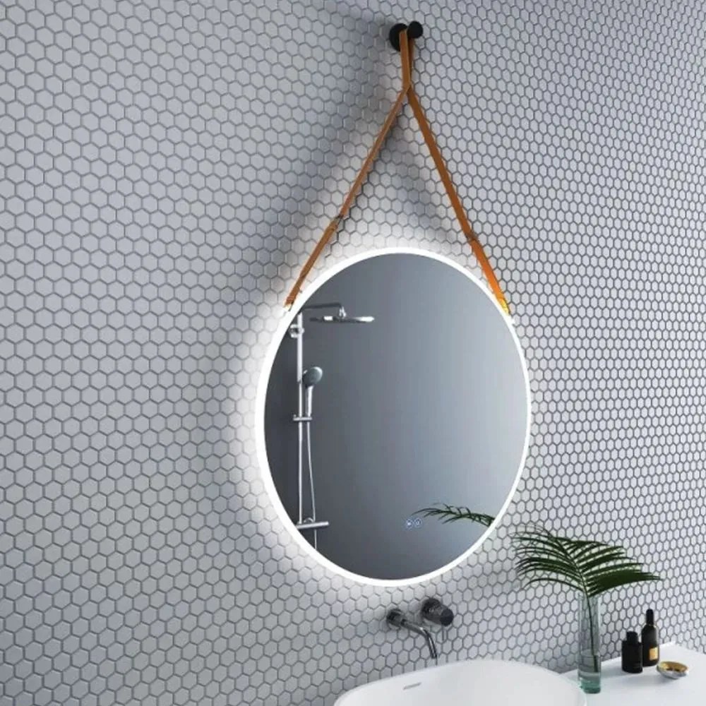 Oglinda cu iluminare si dezaburire Inter Ceramic forma rotunda 80 cm curea maro deschis