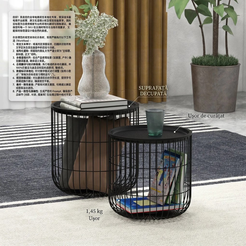 HOMCOM Set Mese Rotunde Suprapuse din Oțel, Blat Detașabil, Design Modern pentru Living, Negru | Aosom Romania
