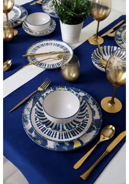 Set veselă 24 piese, alb/albastru, din ceramică stoneware