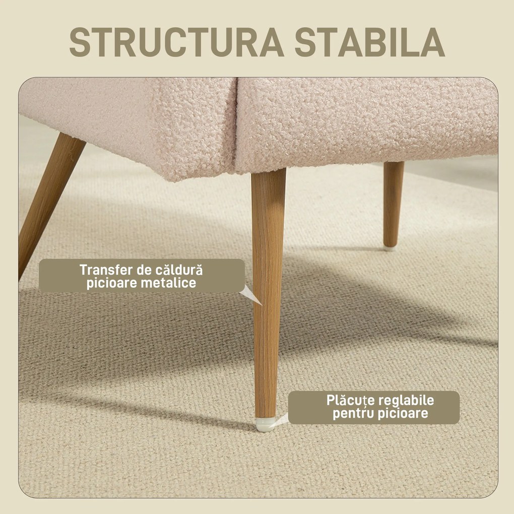 HOMCOM Fotoliu pentru Sufragerie Captusit, Fotoliu de Cameră în Material Teddy cu Pernă Lombardă, Fotoliu de Lectură cu Picioare cu Efect de Lemn din Metal pentru Sufragerie și Birou, 77x77x83 cm, Bej | Aosom Romania
