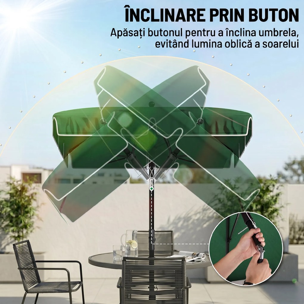 Outsunny Umbrelă pentru Grădină Dreptunghiulară, cu Inclinare Reglabilă și Stâlp din Aluminiu, 2x2.4m, Verde/Negru | Aosom Romania