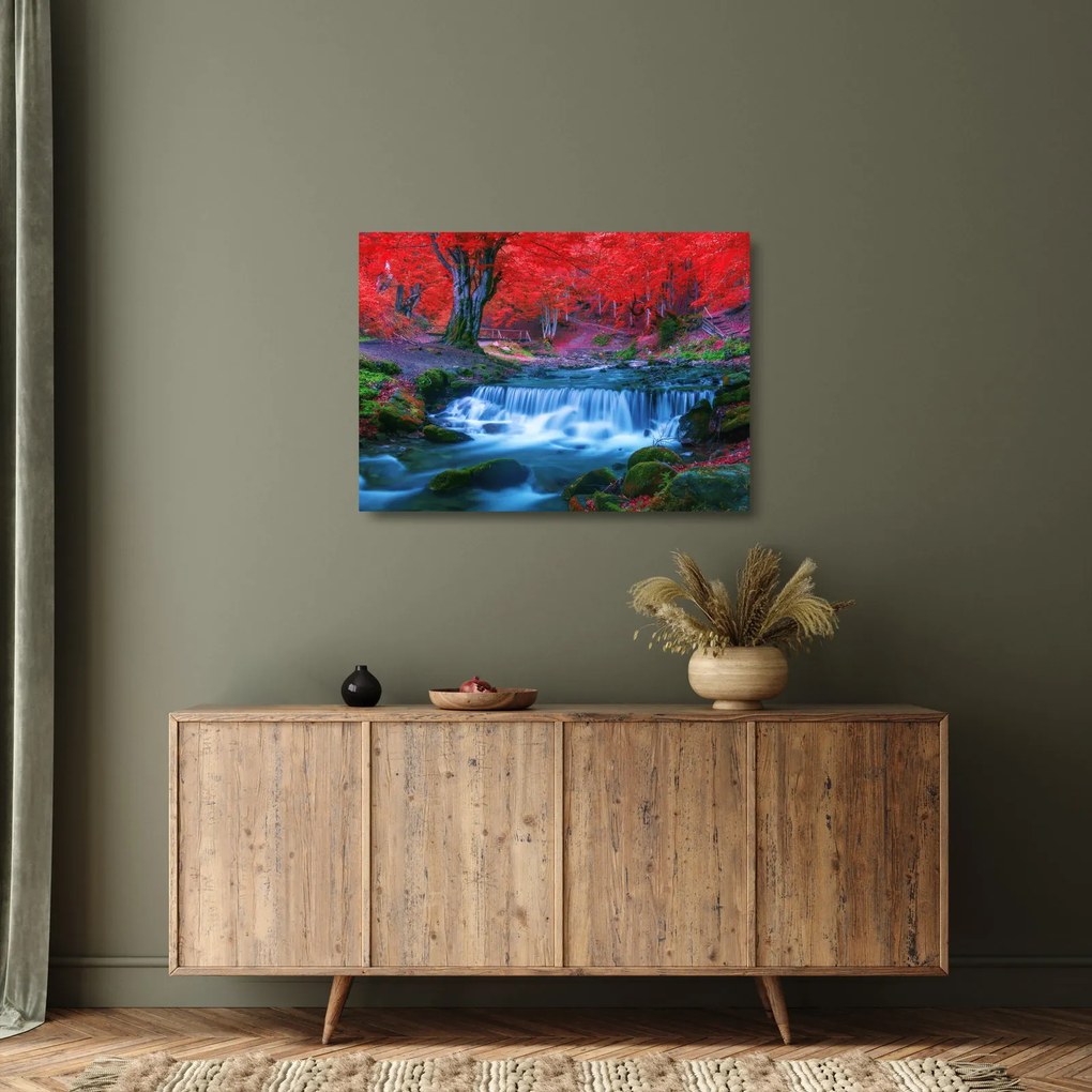 Tablou pe sticlă - Cascada în pădurea roșie (70x50 cm)