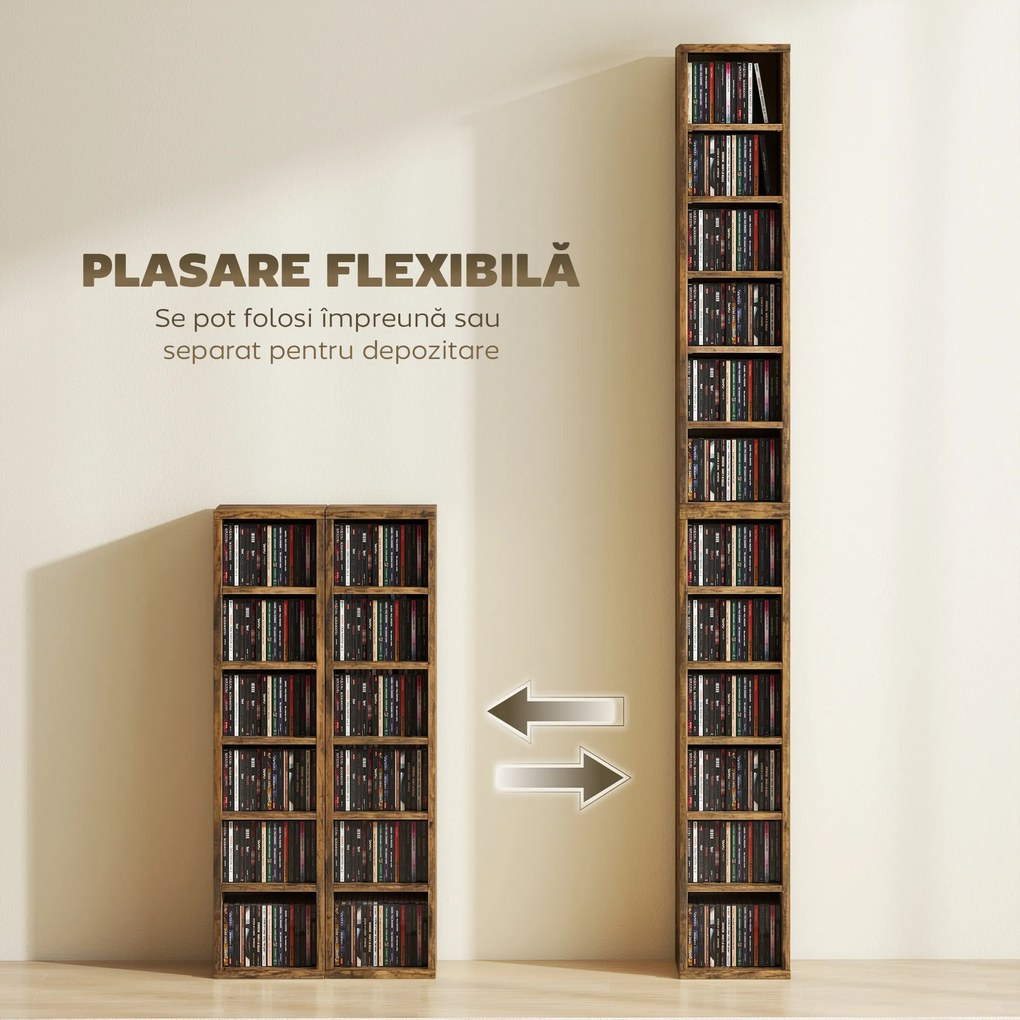 HOMCOM Set de 2 Rafturi pentru 204 CD-uri cu Polițe Ajustabile, 21x22,5x88,5cm, Maro Rustic | Aosom Romania