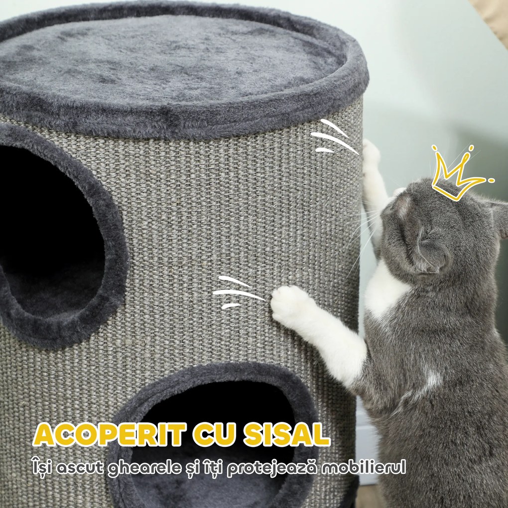 PawHut Cușcă pentru Pisici cu 3 Nivele, Zgârietoare din Sisal și Pluș, Ø38x70cm, Gri | Aosom Romania