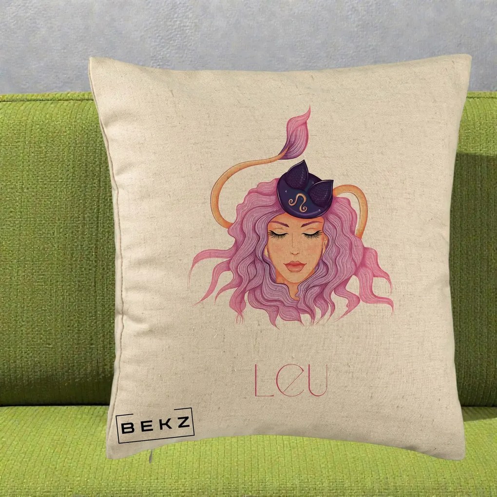 Perna Personalizata Zodie Leu, 40x40 cm, Bej, Husa Detasabila, Perna Inclusa, BEKZ®