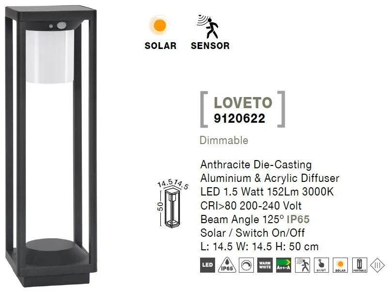 Stalp LED solar de exterior cu senzor miscare IP65 LOVETO H-50cm