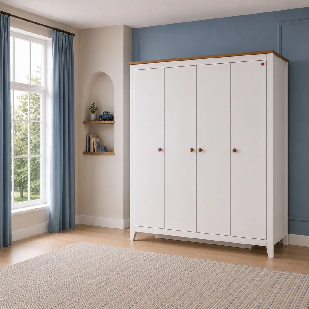 Dulap modern alb pentru copii, 4 usi, 180x58x207 cm, colectia Lucia