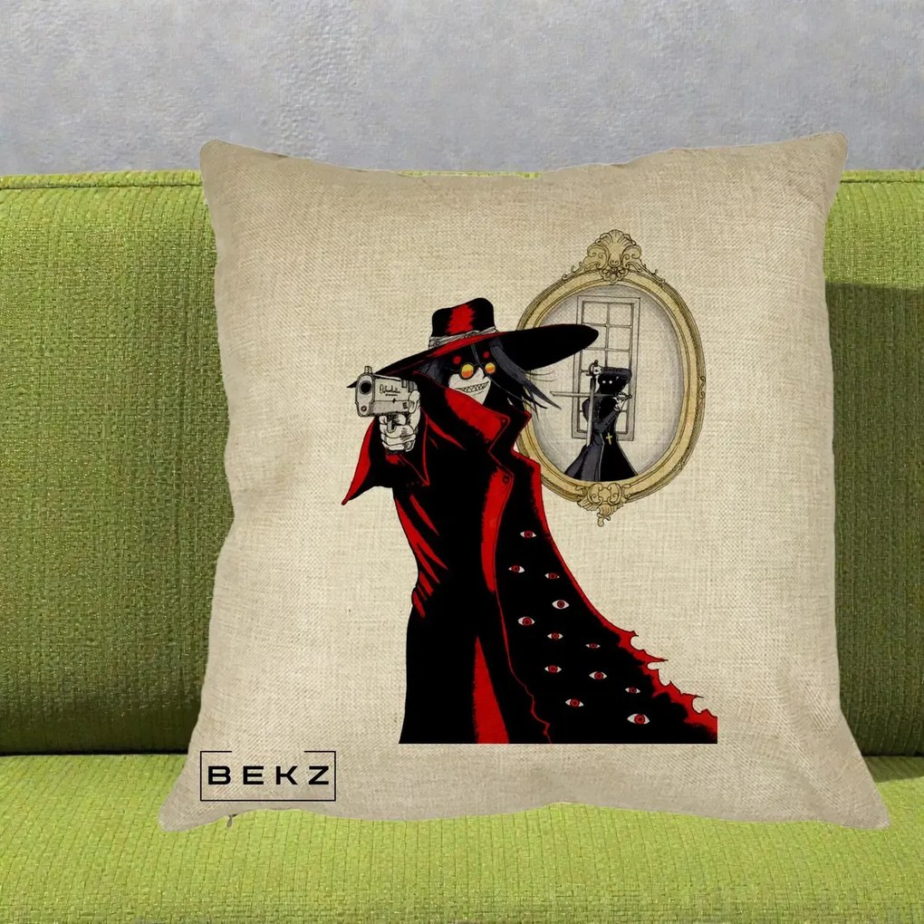 Perna Personalizata Hellsing Alucard cu Pistoale, 40x40 cm, Crem, Husa Detasabila, Perna Inclusa, BEKZ®