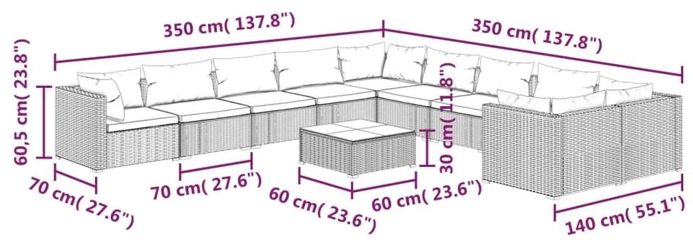 Set mobilier de gradina cu perne, 11 piese, maro, poliratan maro si rosu, 6x mijloc + 4x colt + masa, 1