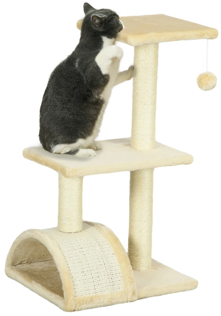 PawHut Ansamblu pentru Pisici cu 3 Nivele și Covor pentru Zgâriat în Formă de Arc, 40x35x72 cm, Alb Crem | Aosom Romania