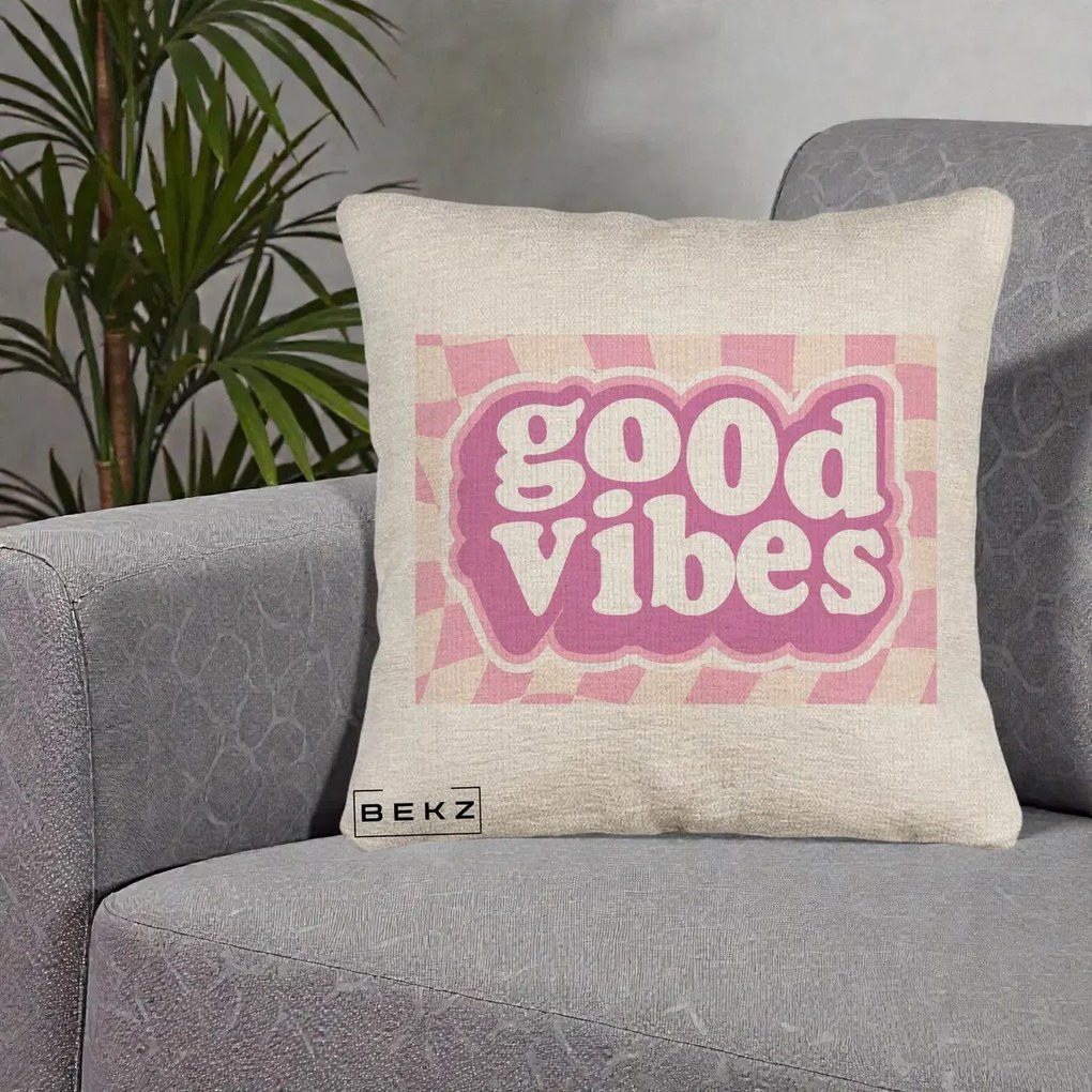 Perna Decorativa Good Vibes Retro Roz, 40x40 cm, Bej Canapea, Husa Detasabila, Perna Inclusa, BEKZ®