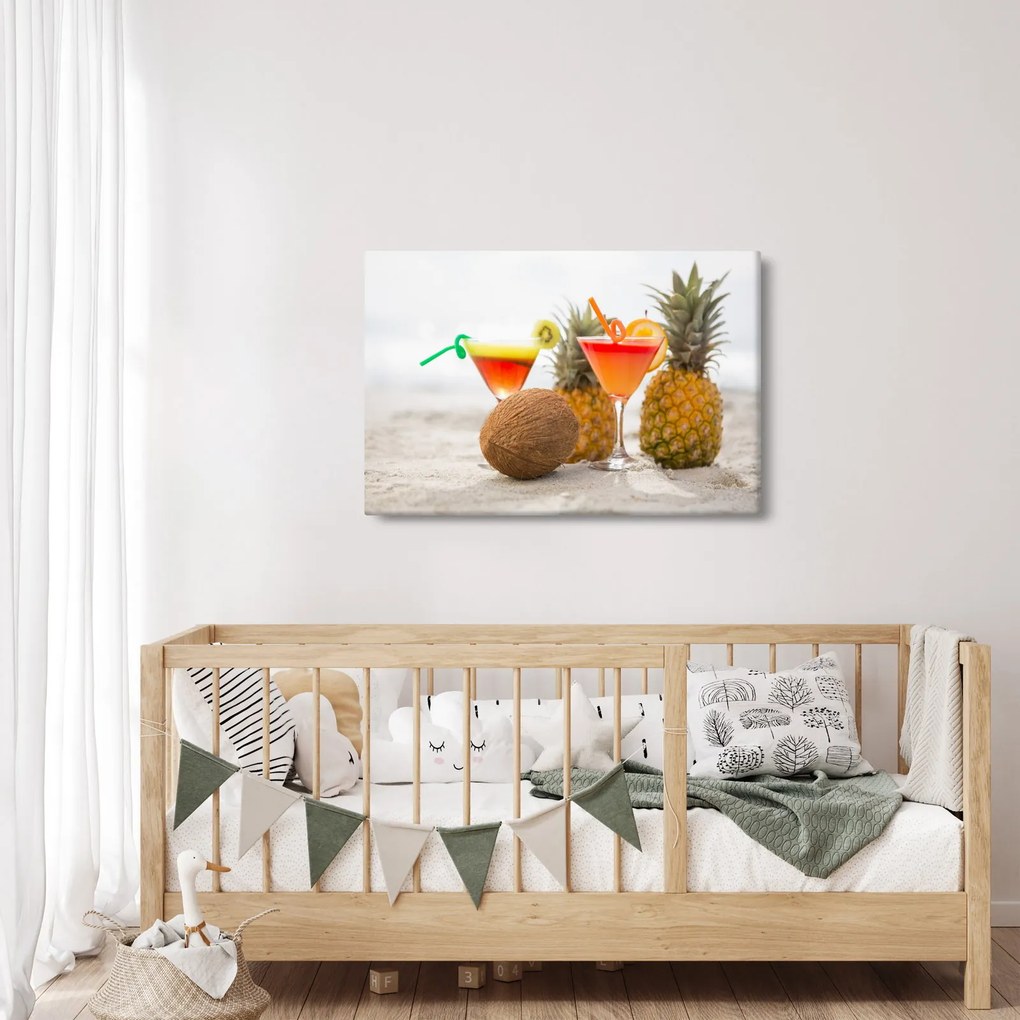 Tablou cu ananas și pahare pe plajă (90x60 cm)