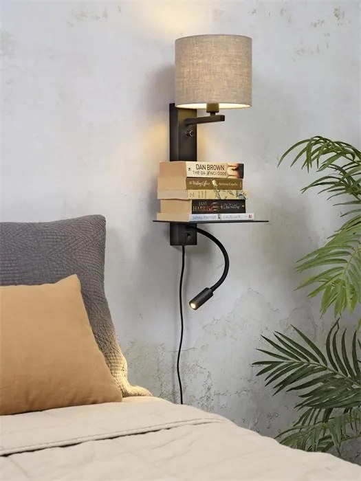 Aplica cu raft, reader LED, mufa USB si abajur textil in inchis Florence