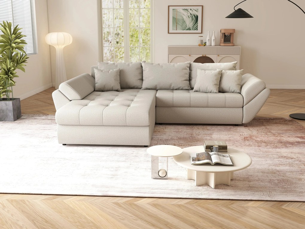 Colțar extensibil dumonde cu ladă de depozitare si sezut confortabil din spuma high-density, Loana Enjoy Bej 270x185 cm