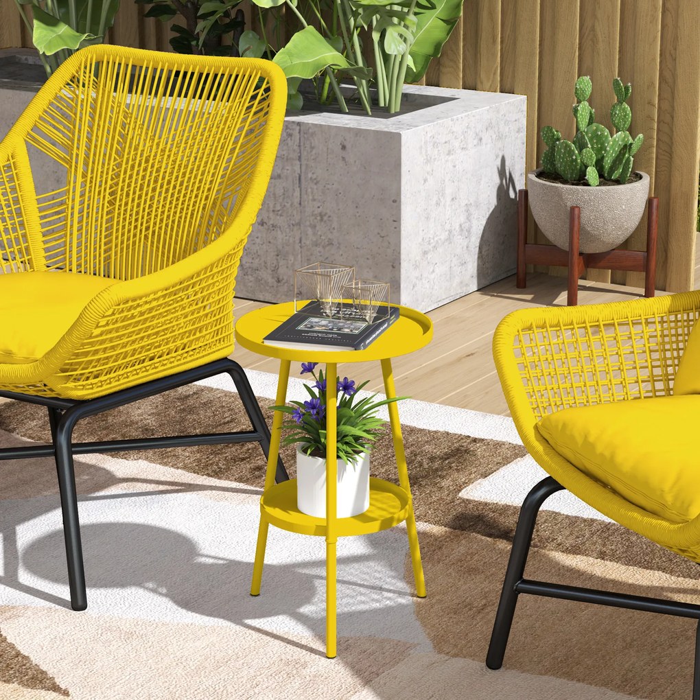 Outsunny Mică masă laterală rotundă cu 2 niveluri masă de grădină pentru terasă living balcon din metal Ø 32 x 51 cm galben | Aosom Romania