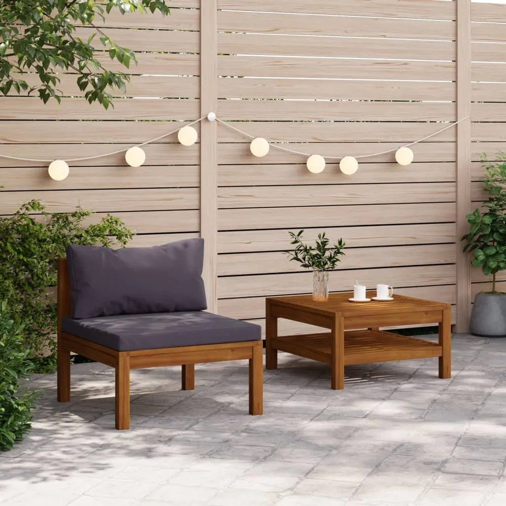 vidaXL Set canapea de grădină, 2 piese, perne gri închis, lemn acacia