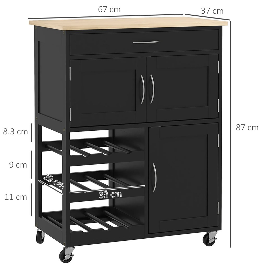 HOMCOM Cărucior de Bucătărie cu Suport pentru Sticle, 3 Uși, 4 Roți și Sertar, Dulapior de Bucătărie, 67x37x87 cm, Negru | Aosom Romania