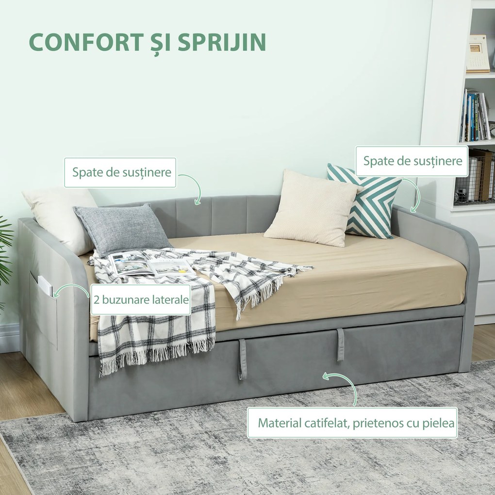 HOMCOM Pat Canapea 90/180x190 cm, Pat Extensibil Convertibil în Pat Dublu, Tapițerie, Cotiere, 2 Buzunare, Lamele din Plop, pentru Living sau Oaspeți, Gri Deschis | Aosom Romania