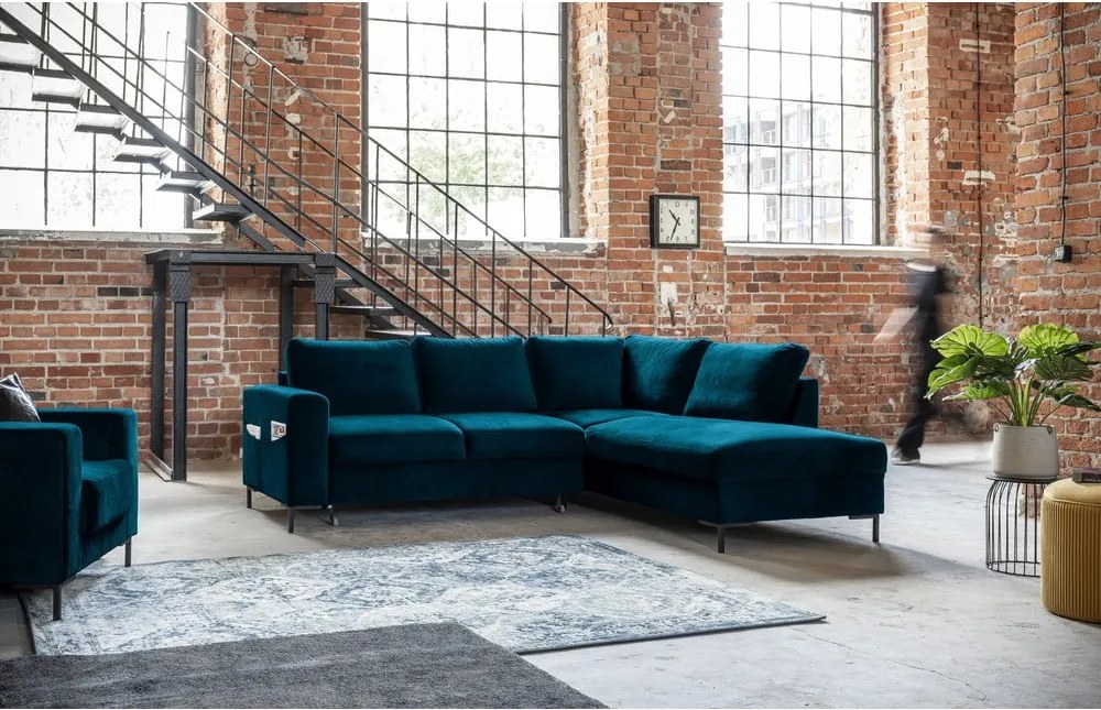 Colțar turcoaz extensibil cu tapițerie din catifea (cu colț pe partea dreaptă) Lofty Lilly – Miuform