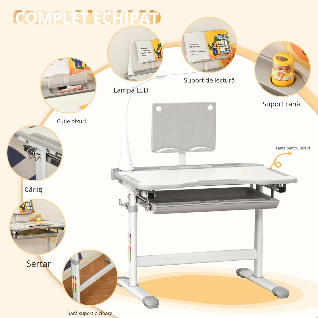Homcom Set Birou Copii cu LED – Reglabil 6–12 Ani cu Blat inclinat | Aosom Romania