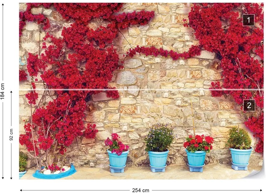 Fototapet GLIX - Red Flowers Old Stone Wall  + adeziv GRATUIT Tapet nețesute - 254x184 cm