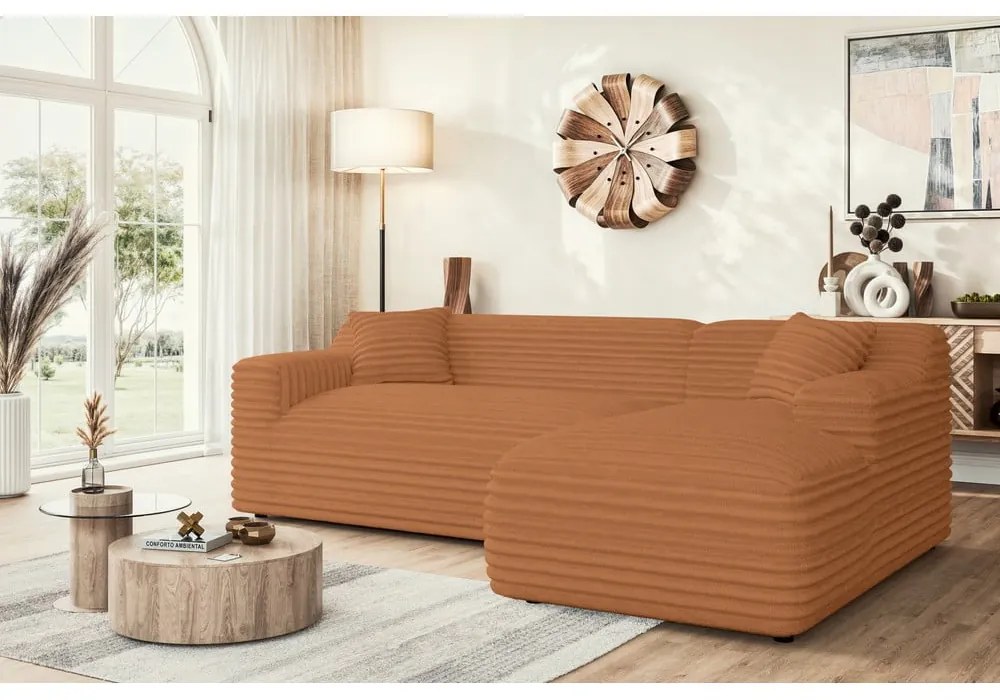 Colțar teracotă cu tapițerie din catifea reiată (cu colț pe partea dreaptă, cu șezlong) Martin – Ropez