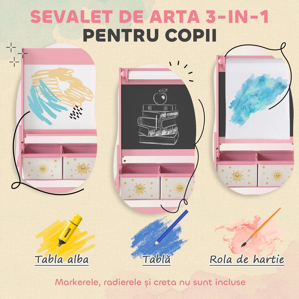 AIYAPLAY Tablă de desen pentru copii 3 în 1 cu rolă de hârtie și 2 coșuri Roz | Aosom Romania
